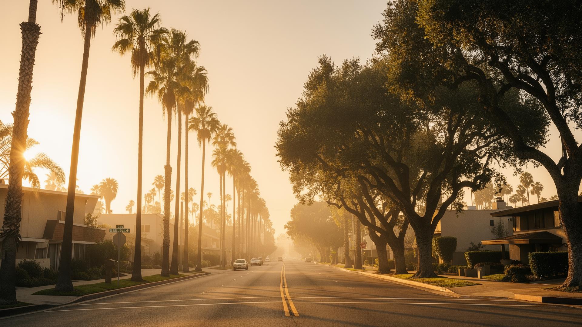 Tree-lined Sherman Oaks neighborhood at golden hour